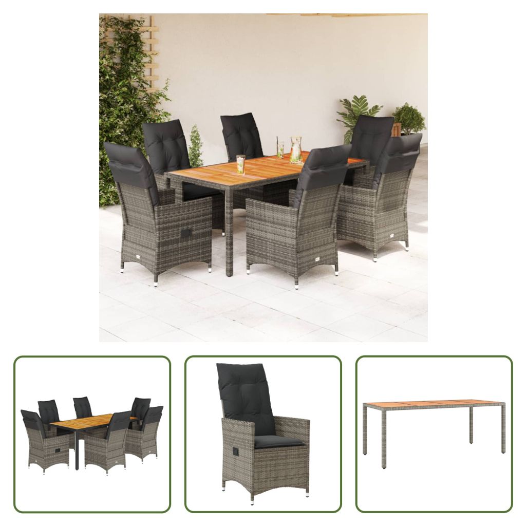 The Living Store 7-tlg. Garten-Essgruppe mit Kissen Grau Poly Rattan