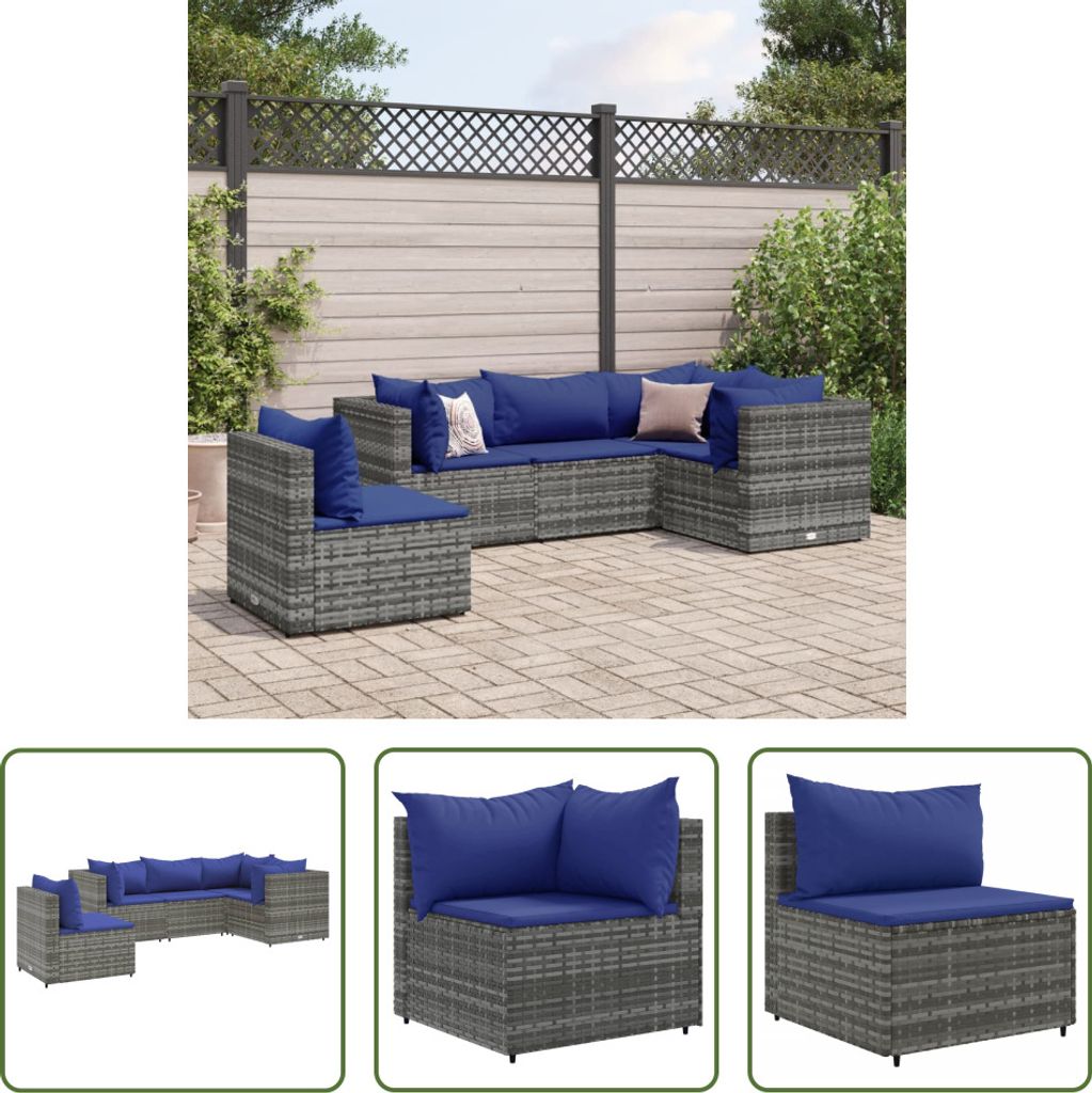 The Living Store 5-tlg. Garten-Lounge-Set mit Kissen Grau Poly Rattan