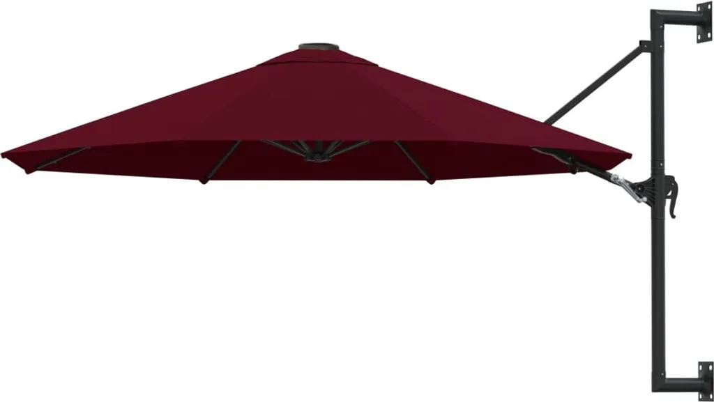 Parasol mural 300cm avec mât robuste en métal et toile bordeaux UV