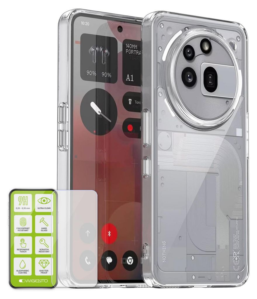 A transparent phone case and screen protector are displayed next to a smartphone.