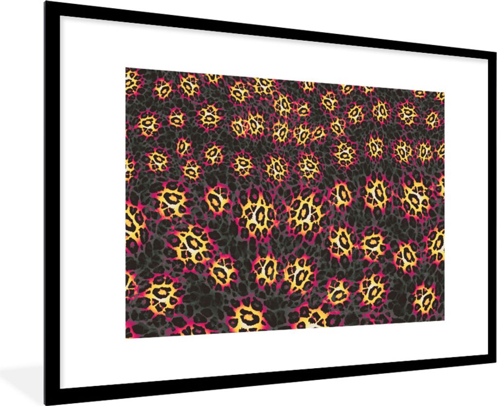 MuchoWow Gerahmtes Poster Pantherdruck - Design - Gelb - Rosa 90x60 cm - Poster mit Schwarzem Bilderrahmen Wandposter Rahmen Foto Bilder - Wandde...