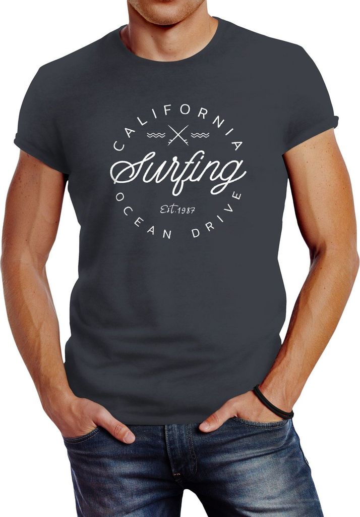 Herren T-Shirt California Surfing Ocean Drive Summer Slim Fit Neverless dunkelgrau M