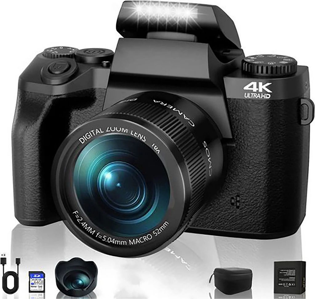 ZELURXX 4K Digital Kamera Schwarz, mit Kameratasche, 4-Zoll Touchscreen, WLAN, 64MP, 16x Digitalzoom, Ultra HD, IPS-Display, 32GB TF-Karte