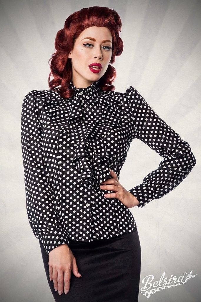 Rüschen Bluse im Retro Vintage Look schwarz/weiß Größe XL = 42