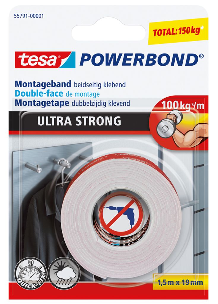 19 mm x 1,5 m tesa Powerbond Montageband für Fliesen/Metall 