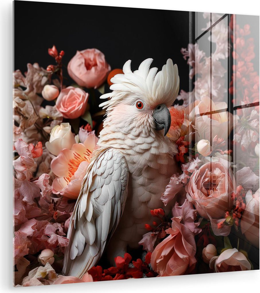 MuchoWow Glasbilder - Bilder auf Wandbild - Foto auf Glas Kakadu - Tier - Natur - Botanisch - Blumen - Rosa 30x30 cm Wanddekoration aus Glas - Acry...