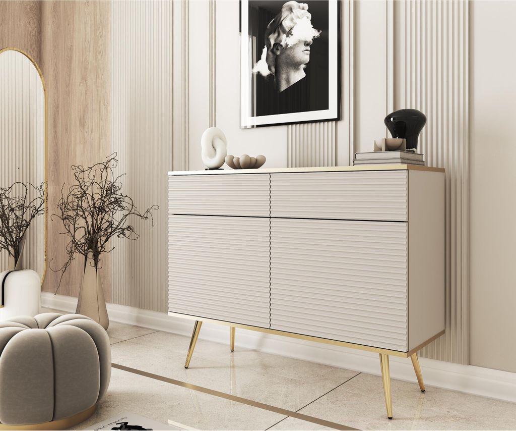 2-türig Kommode Gloss im glamour Stil Sideboard mit gerilltem Fronten Schrank mit Regalen und Schubladen modern Sideboard mit goldenen Zusätzen, ...