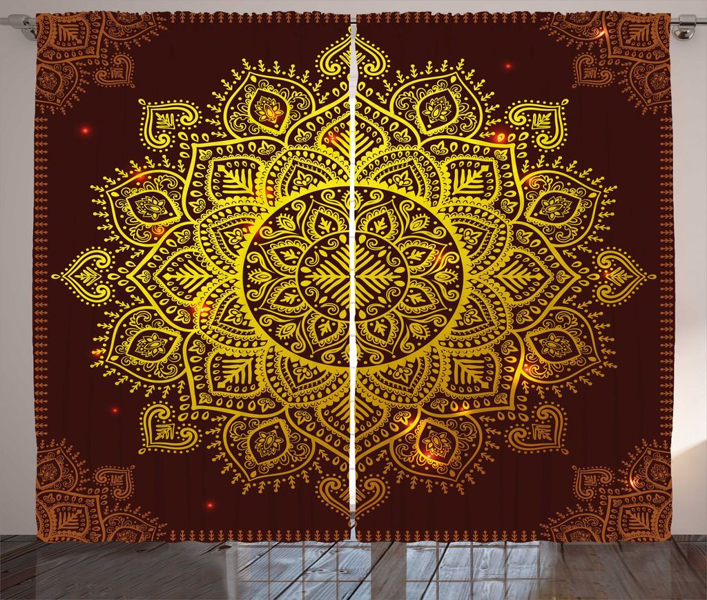 ABAKUHAUS Mandala Rustikaler Vorhang, Oriental Snowflake Art, Wohnzimmer Universalband Gardinen mit Schlaufen und Haken, 280 x 175 cm, Gelb Braun