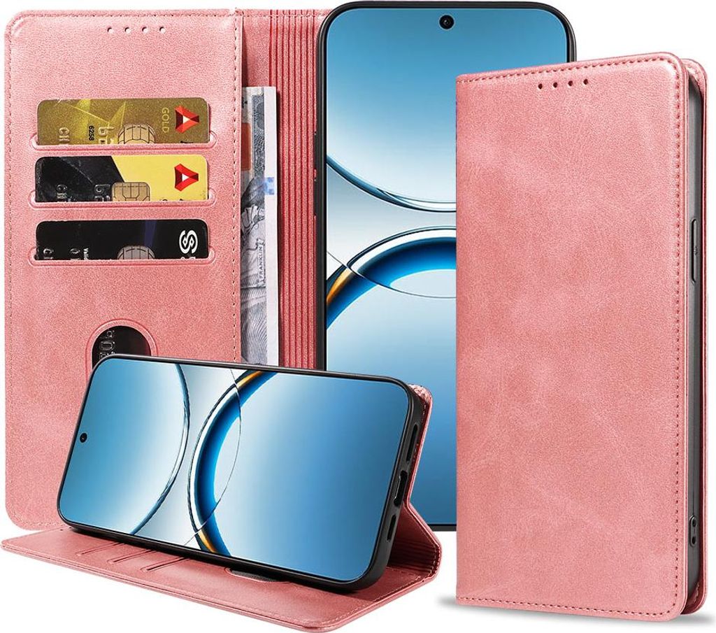 Geeignet für Oppo Find X8 Handytasche Kunstleder mit Magnetverschluss und Kartenhalter Bookcase mit Klappe - Wallet Case mit Kartenfach - Pink Gol...