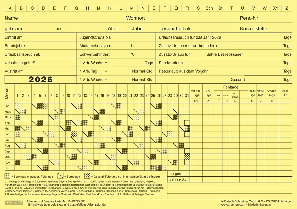 BRUNNEN 1023515006 Carte de Planning Vacances A5 2026 Lot de 100