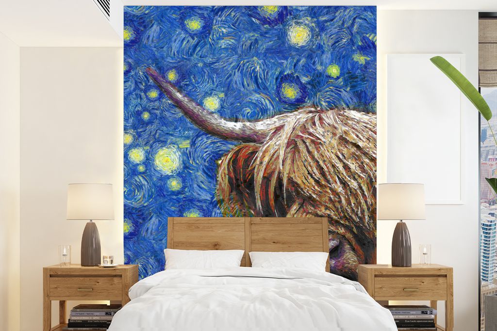 MuchoWow Fototapete für Wohnzimmer oder Schlafzimmer Wandtapete Vinyl Motivtapete Scottish Highlander - Sternennacht - Van Gogh - 195x260 cm - W...