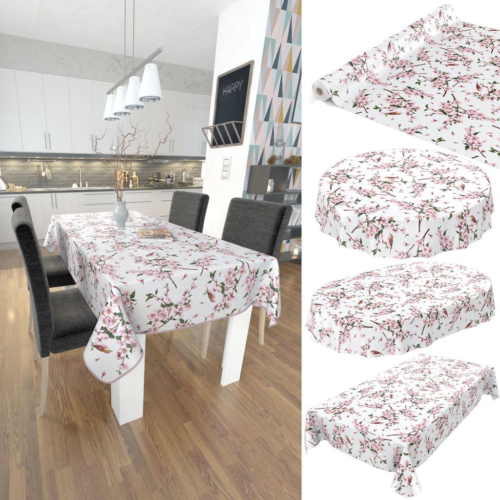 Tischdecke Wachstuch Blumen Weiß Robust Wasserabweisend Breite 140 cm Länge 200 cm