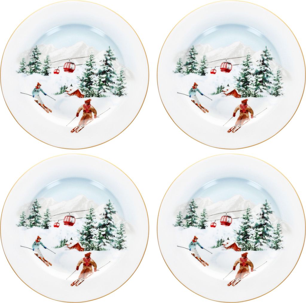 4x Chalet Kuchenteller 4 Pers. Porzellan Dessert-Teller Ski Alpen Geschenkkarton