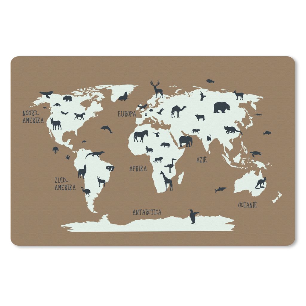 MuchoWow Schreibtischunterlage Weltkarte - Tiere - Braun 60x40 cm - XXL Mauspad - Großes Mauspad