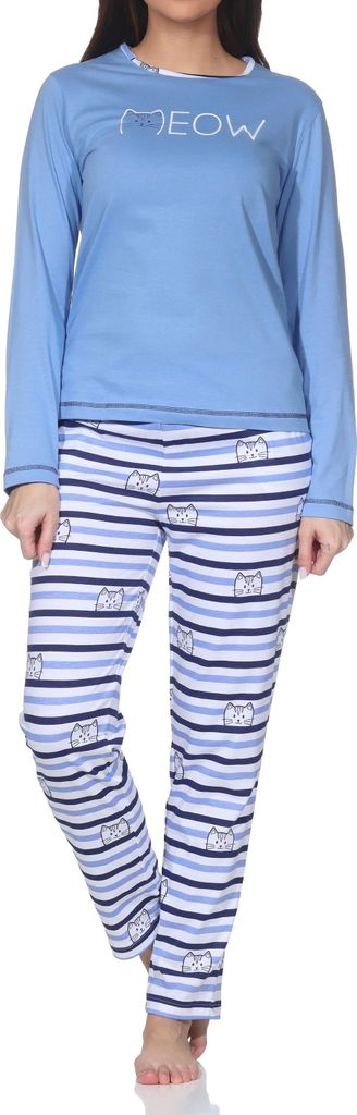 Normann Damen langarm Schlafanzug Pyjama in Katzen Optik – auch in Übergrößen verfügbar ; blau , 48