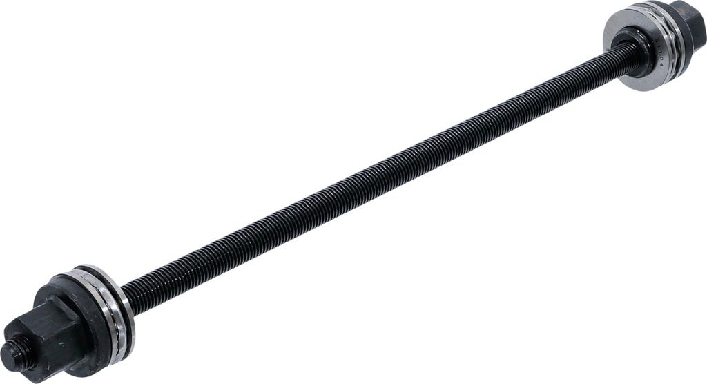 A threaded rod with nuts and washers on each end, likely a spindle for a tool.