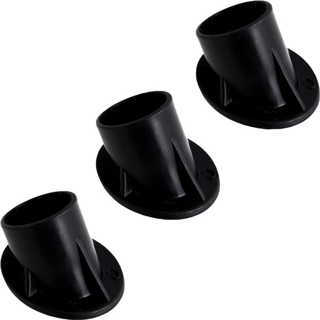 Three black plastic pool support feet are arranged diagonally on a white background.