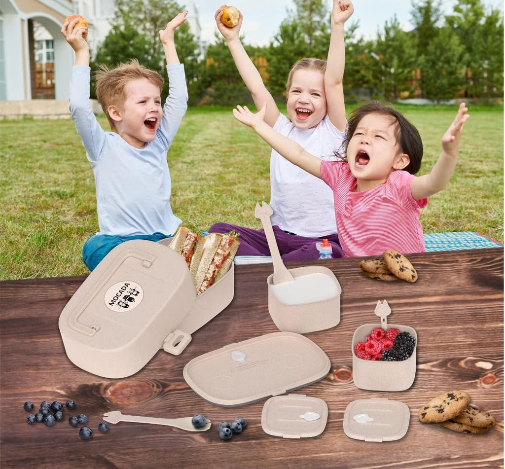 Bento-Box für Kinder - 216-teiliges Sticker-Set - BPA-frei - auslaufsichere Lunchbox - Besteck und Fächer - nachhaltige Brotdose - für Schule un...