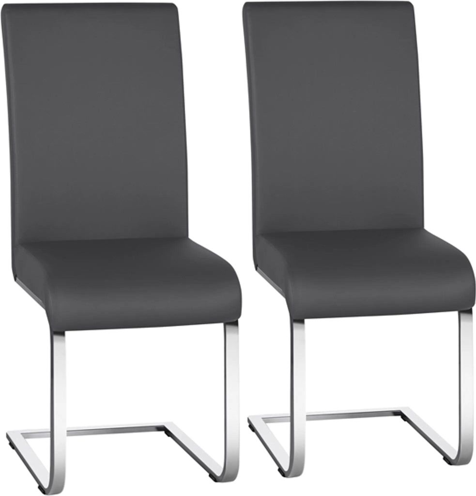 Two dark gray dining chairs with silver metal frames against a white background.