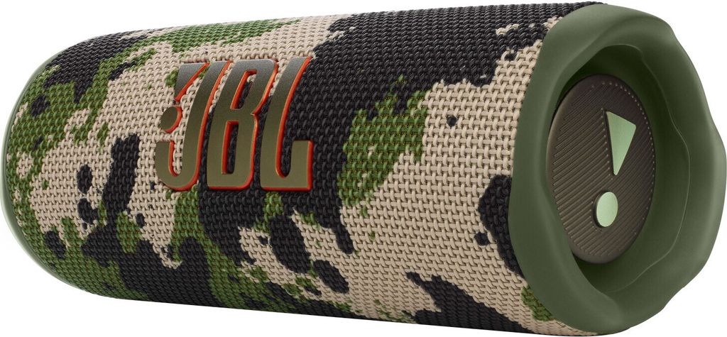 A JBL Flip 6 Bluetooth speaker with a camouflage pattern.