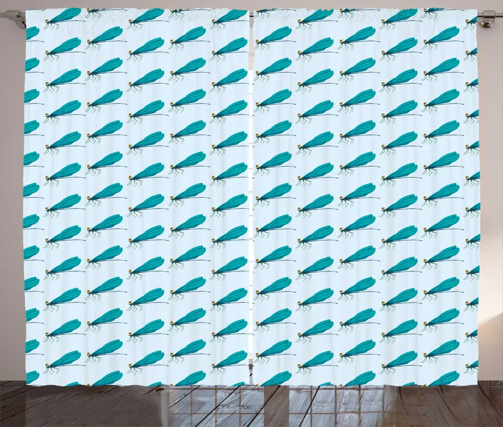 Rideau rustique bleu marine 280x225 cm avec motif libellule et boucles
