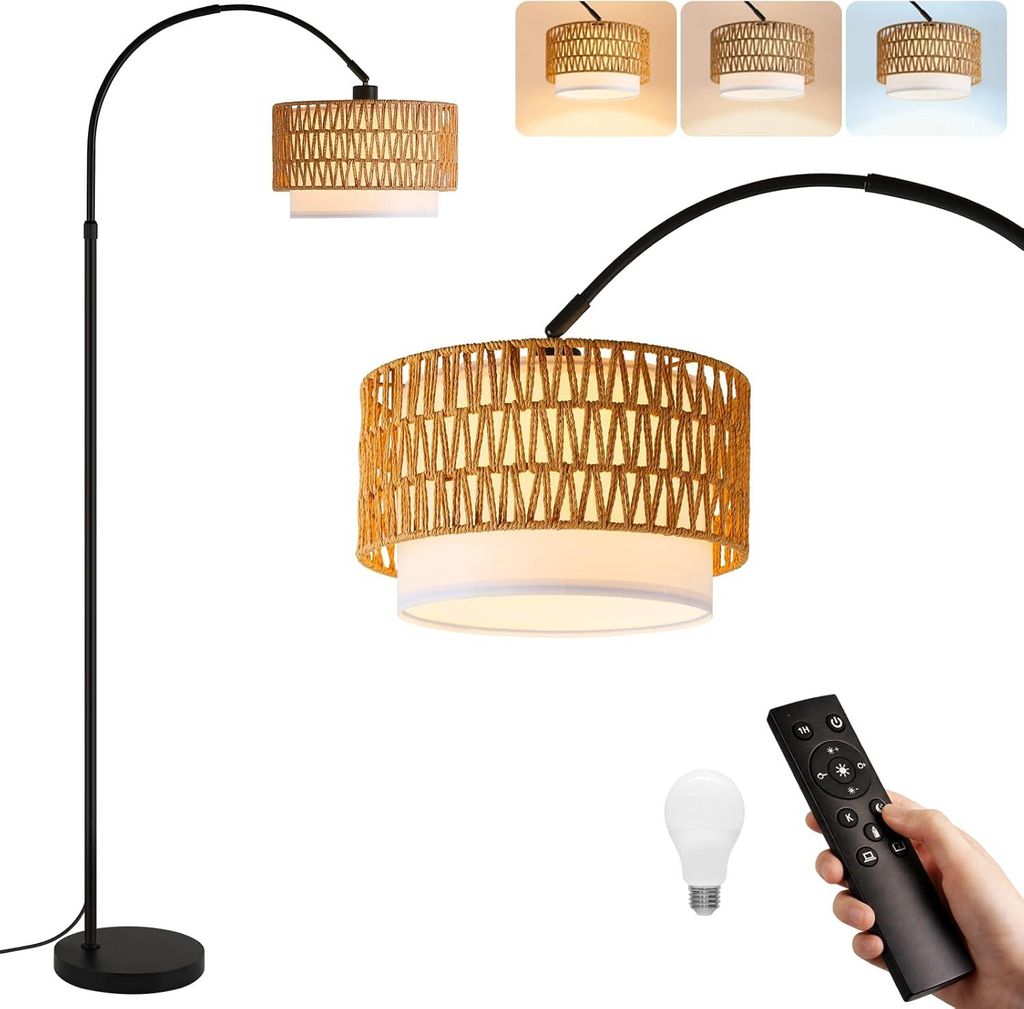 Lampa stojąca ZMH Boho Rattan Lampa łukowa z regulacją Zdjęcie produktu 