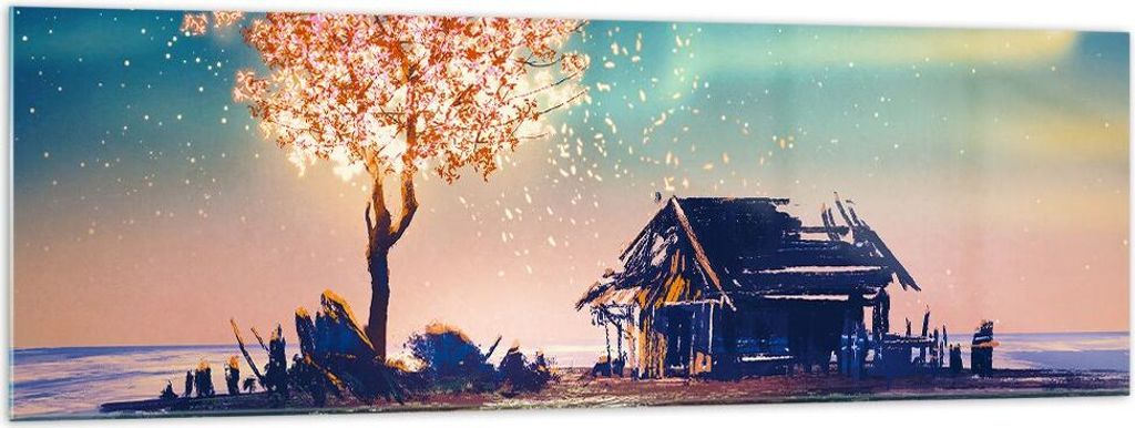 Bilder auf glas - Baum Haus Nacht Sterne - 160x50cm - Glasbilder - Wandbilder - Kunstdruck - zum Aufhängen bereit - Wanddekoration aus Glas - Glas...