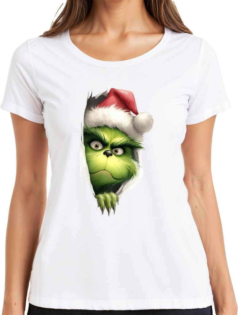 Grinch Weihnachten Gesicht Xmas Geschenk Santa Hut frech lustig Damen T-Shirt, Weiß, XL