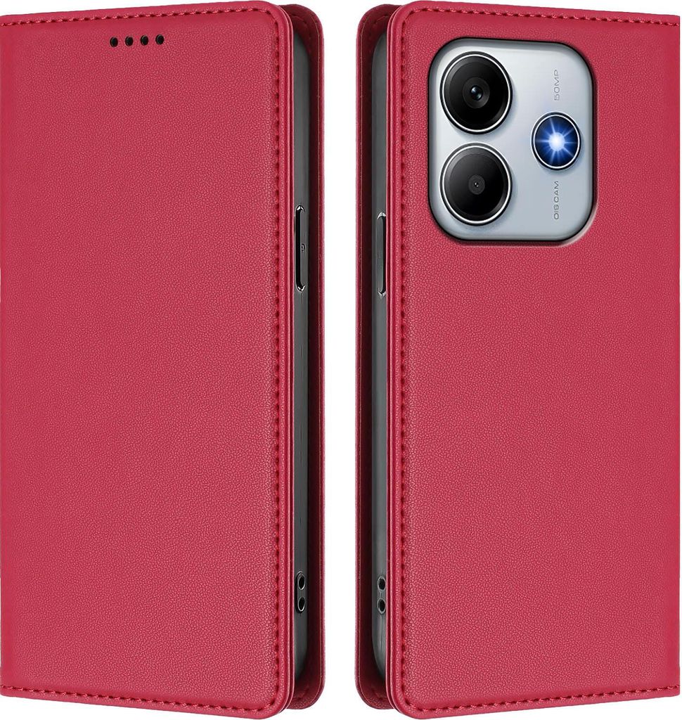 Handyhülle für Xiaomi Poco M7 Pro 5G/Redmi Note 14 5G, Kunstleder Klapphülle Stoßfeste Magnetische Hülle mit Ständer Rot