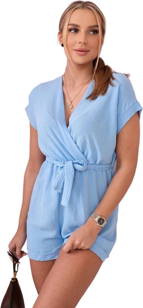 Blauer kurzer Jumpsuit mit Taillenband Produktbild 