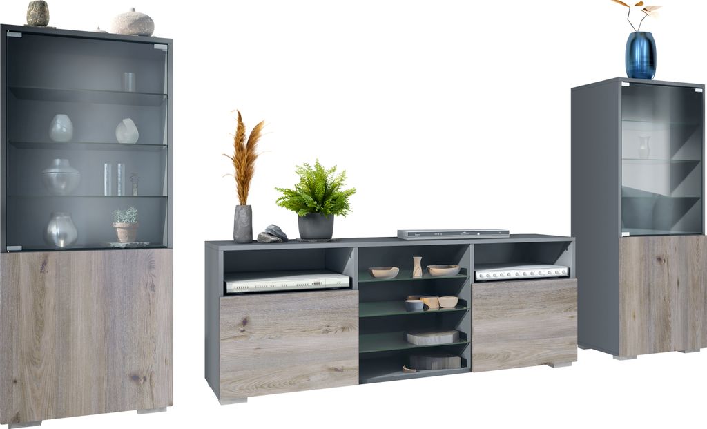 Vladon Wohnwand Granada, Anbauwand bestehend aus 2 Vitrinen und 1 TV-Board, Anthrazit matt/Eiche Nordic (286 x 122,5 x 35 cm)