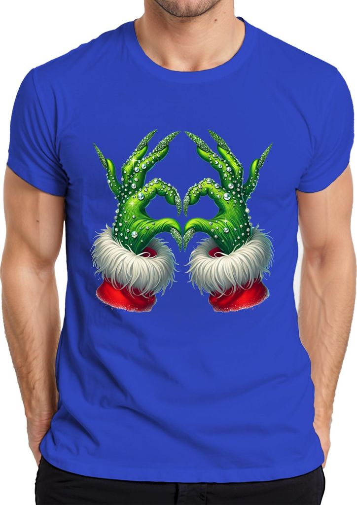 Grinch Hände Herz Weihnachten lustig Geschenk Glitzer Herren T-Shirt, Blau, M