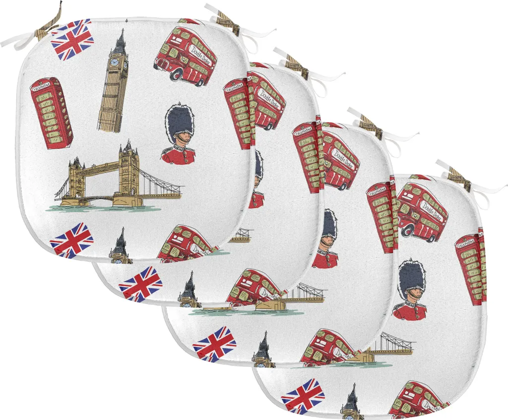 ABAKUHAUS London Imbottitura per sedie da sala da pranzo, Big Ben Tower Bridge Regno Unito, Cuscino decorativo impermeabile con cinturini per sedie da cucina, 40 cm x 40 cm - confezione da 4, viola blu sabbia marrone