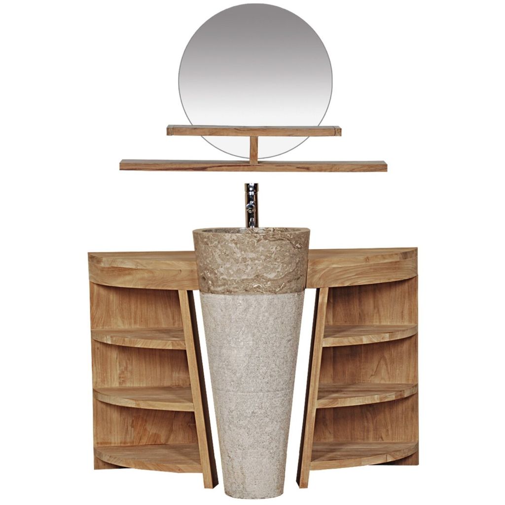 Teako Design Badmöbel Set Laxa - Massivholz Wetterfest mit Marmor Waschbecken, Spiegel & Unterschrank (120 cm, Vara)