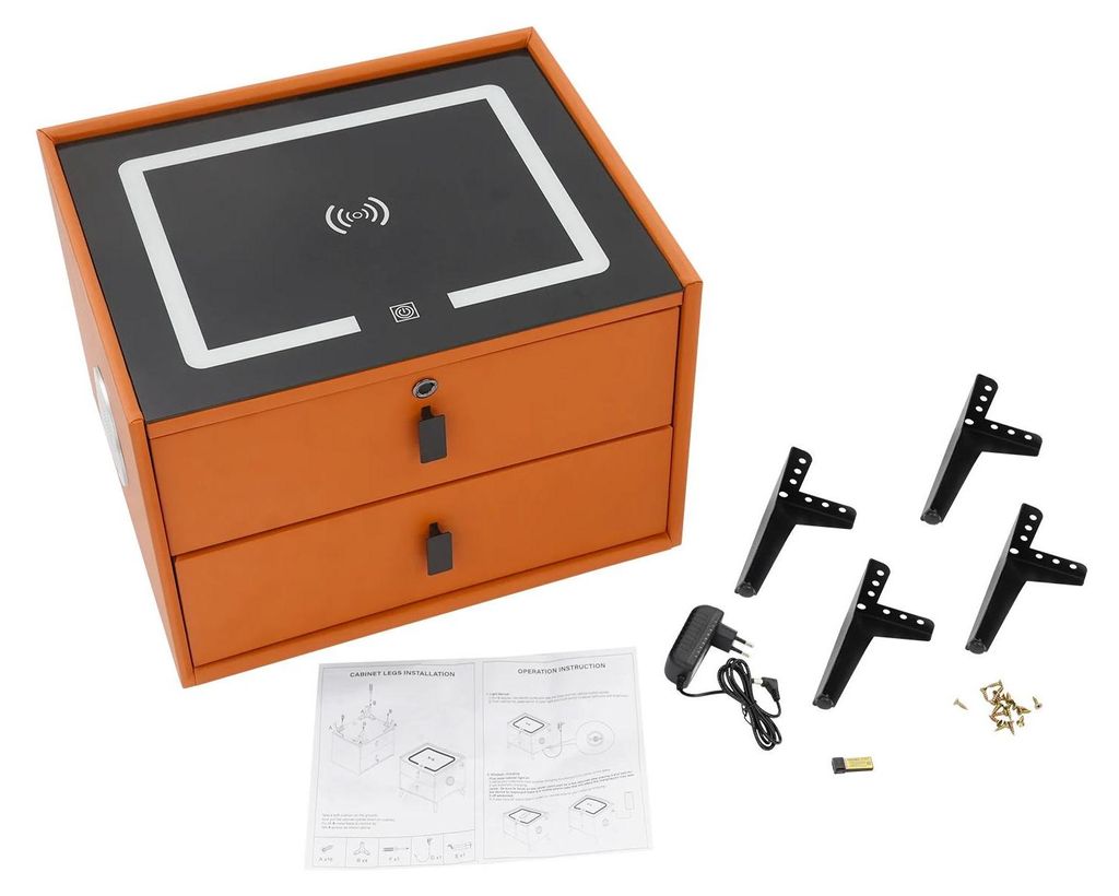 Nachttisch mit Bluetooth-Lautsprecher - Beistelltisch - LED-Licht USB-Anschluss Kabelloses Laden Holzrahmen Modernes Design - Orange