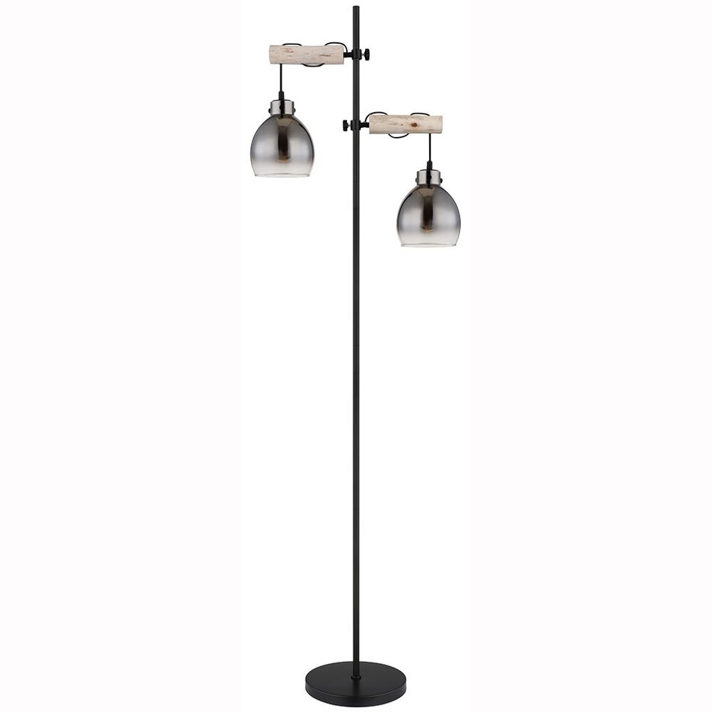 LED Stehleuchte schwarz, Holz natur, Rauchglas, H 168 cm