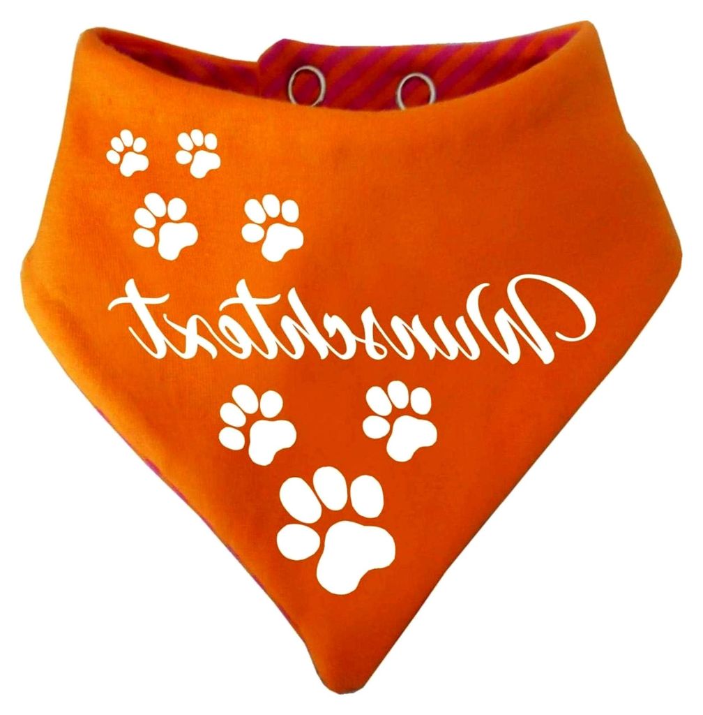 Gestreiftes Hunde Wende-Halstuch (Farbe: orange-Fuchsia) (Größe 2 - Halsumfang 31-35 cm) mit individuellem Text