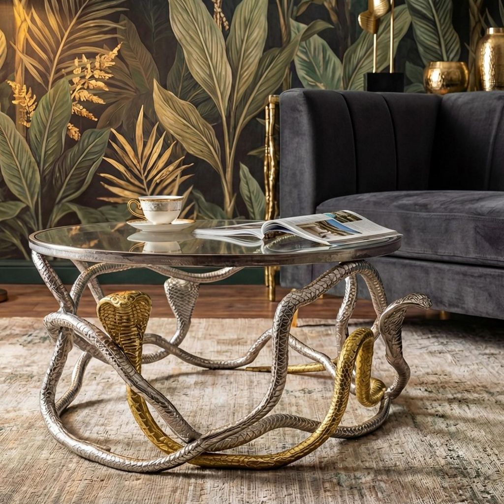 riess-ambiente Runder Couchtisch SNAKE 70cm gold silber Metall Schlangen-Skulptur Glasplatte