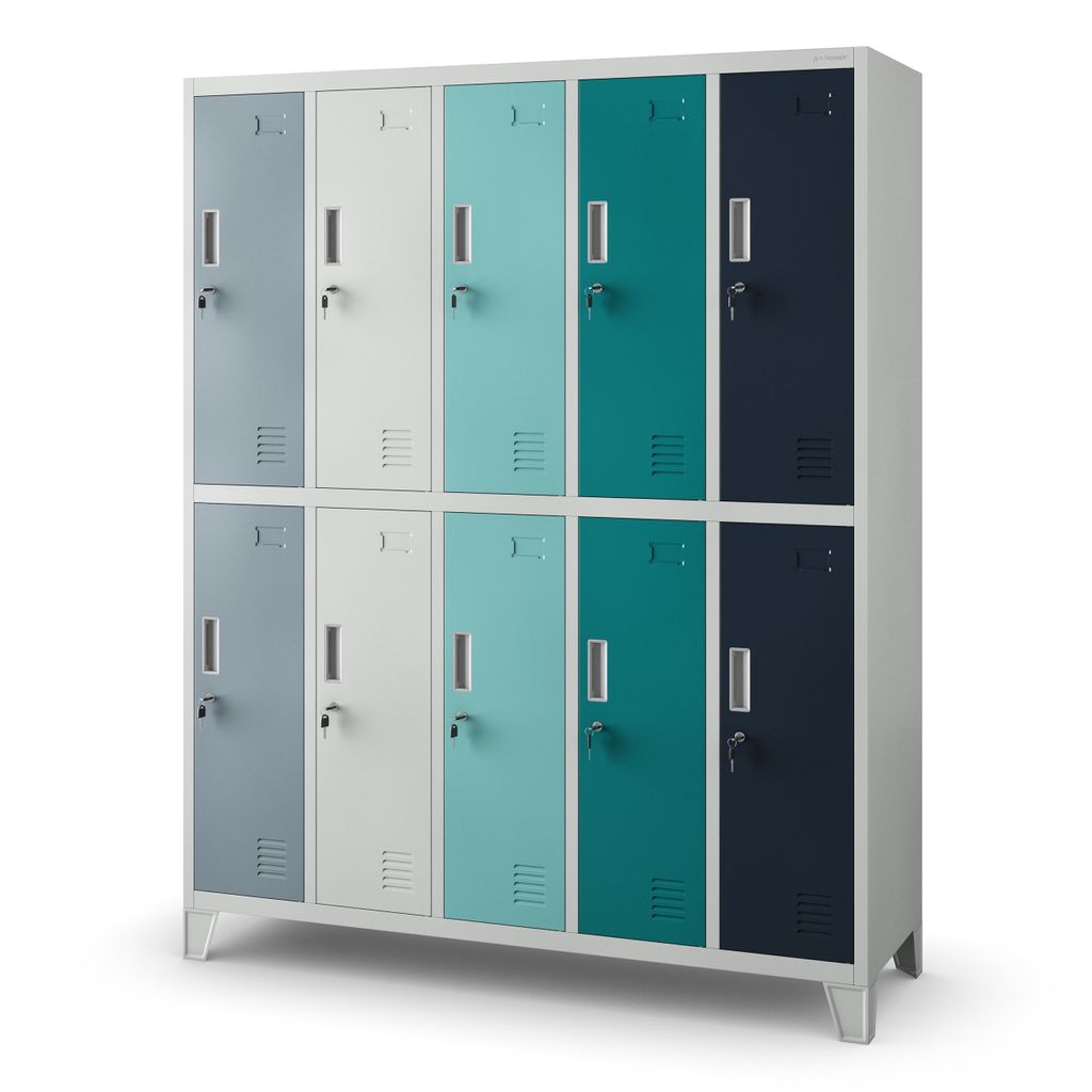 A metal locker unit with ten compartments, arranged in two columns of five.