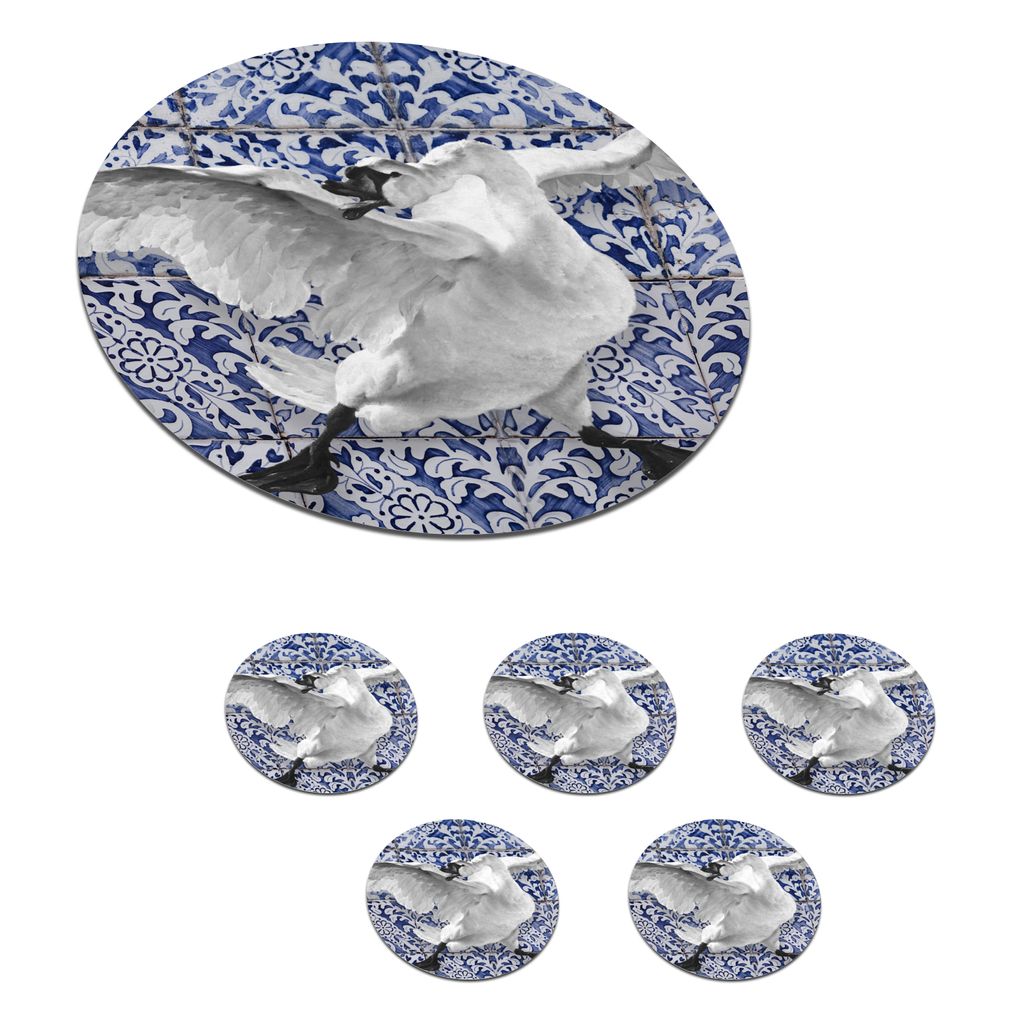 KitchenYeah Glasuntersetzer Rund 6er Set Schwan - Kunst - Delfter Blau - Malerei - Alte Meister 10x10 cm Untersetzer für Gläser - Getränkeunte...