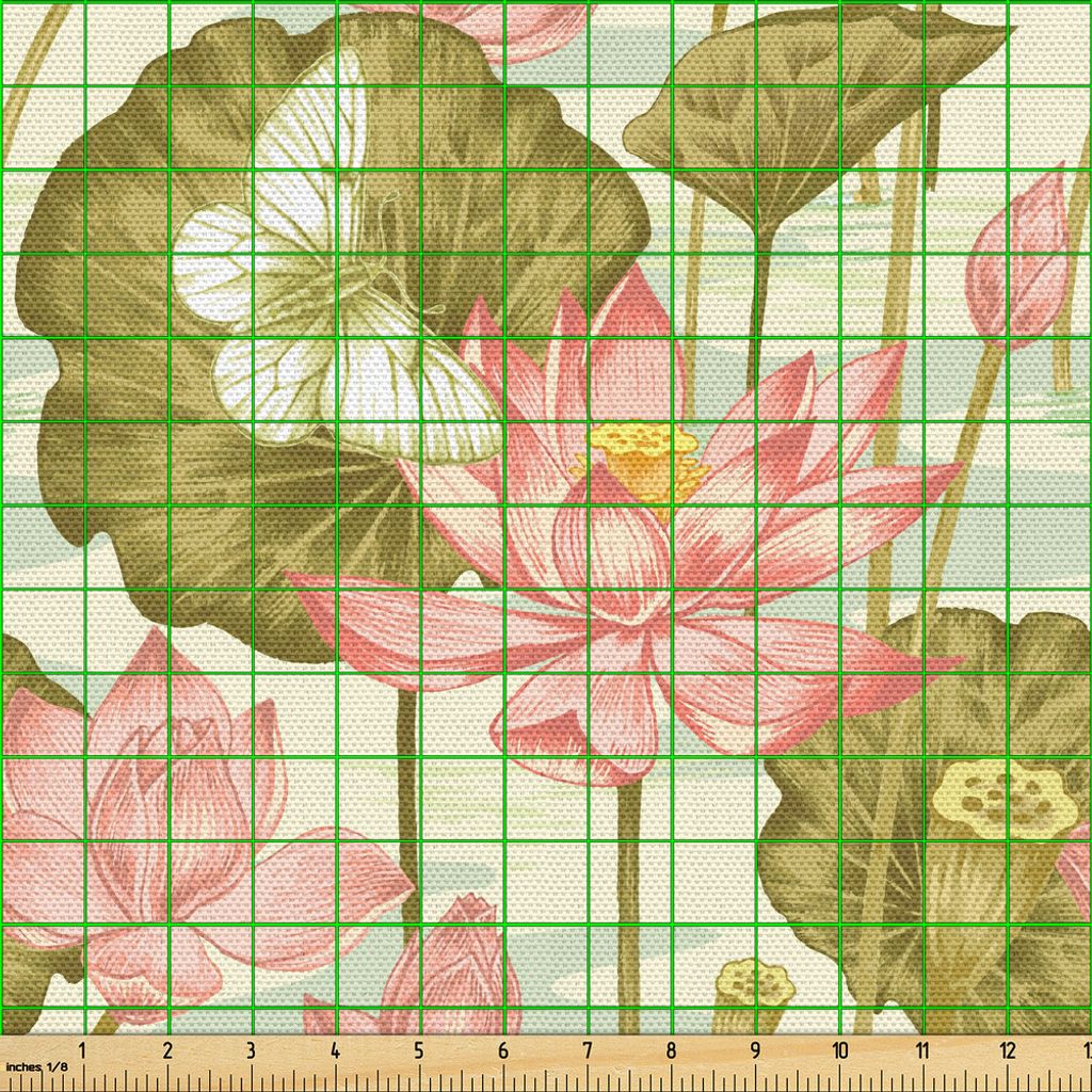 ABAKUHAUS asiatisch Gewebe als Meterware, Exotisches Laub mit Schmetterlingen Watercolor Brush Stroke Effect Vintage, 3 M (148 x 300 cm), Hellgrün