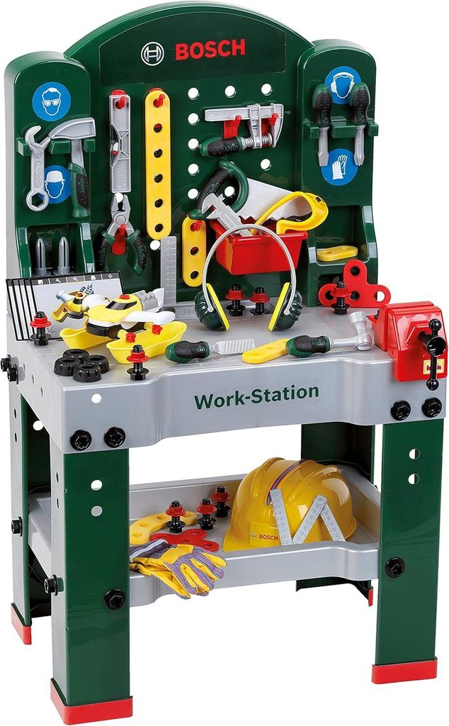 GRÖSSE PRÜFEN - Theo Klein 8513 - Bosch Workstation Werkbank mit Werkzeug, Helm, Handschuhe, Ohrenschützer und Fahrzeug