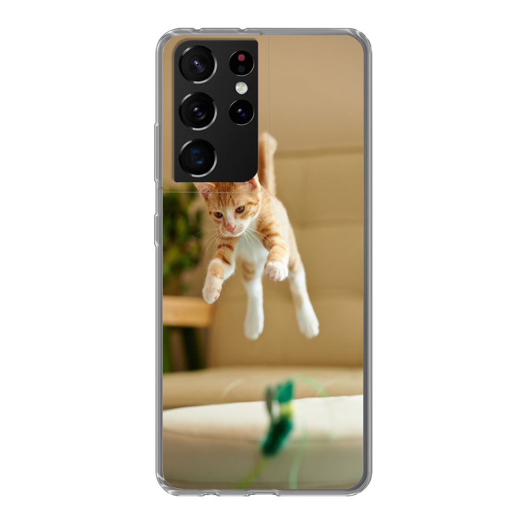 MuchoWow Handyhülle Schutzhülle Hülle für Samsung Galaxy S21 Ultra Katze - Springen - Spielzeug Silikon Softcase Handy Hülle - Mobiltelefon
