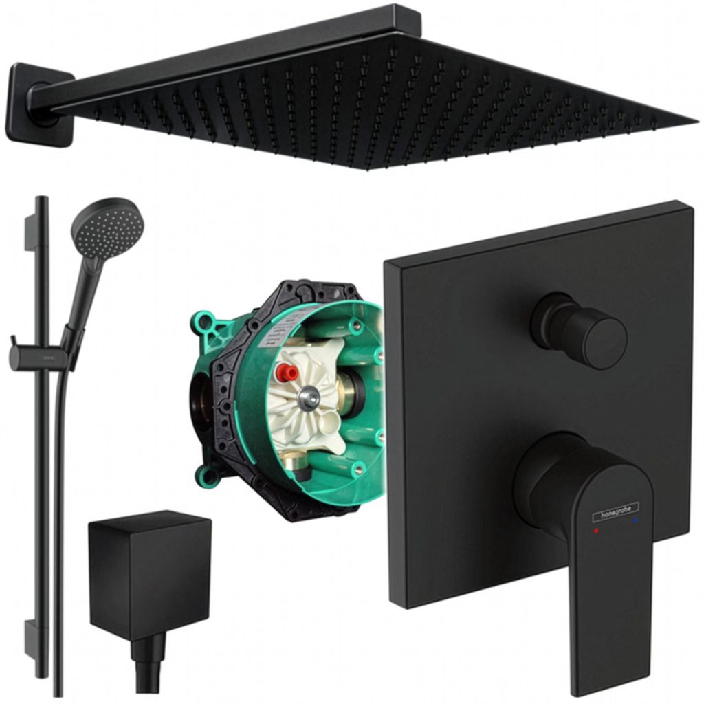 Hansgrohe und Jowi Unterputz Duschsystem Schwarz, Vernis Shape, 650mm Brausestange, Duscharmatur