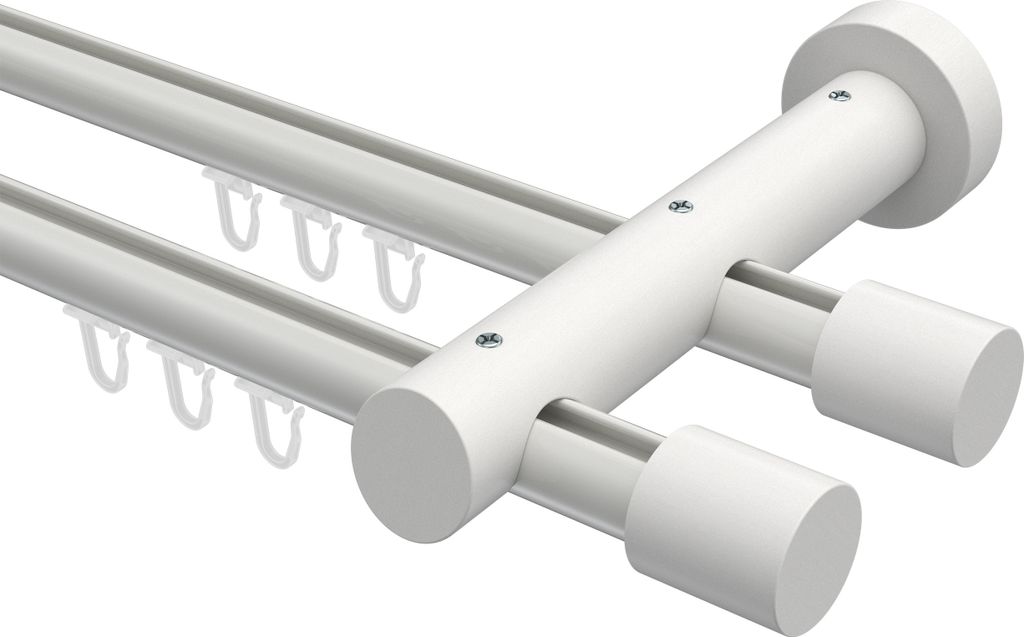 Interdeco Innenlaufstange / Gardinenstange mit Innenlauf Weiß, Typ Talent Feta (Kappe), 20 mm Ø 2-läufig, 140 cm