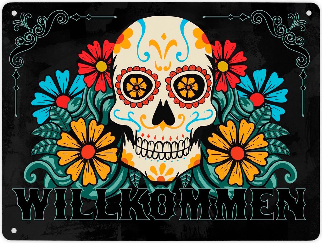 Willkommen Metallschild XL in 21x28 cm mit Totenkopf und Blumenmotiv