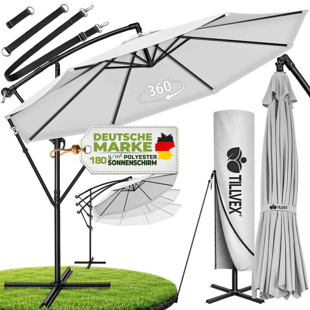 tillvex Sonnenschirm Grau Ø 350 cm Ampelschirm Gartenschirm Marktschirm Kurbel Balkon Alu Neigbar Grau - Ø350cm