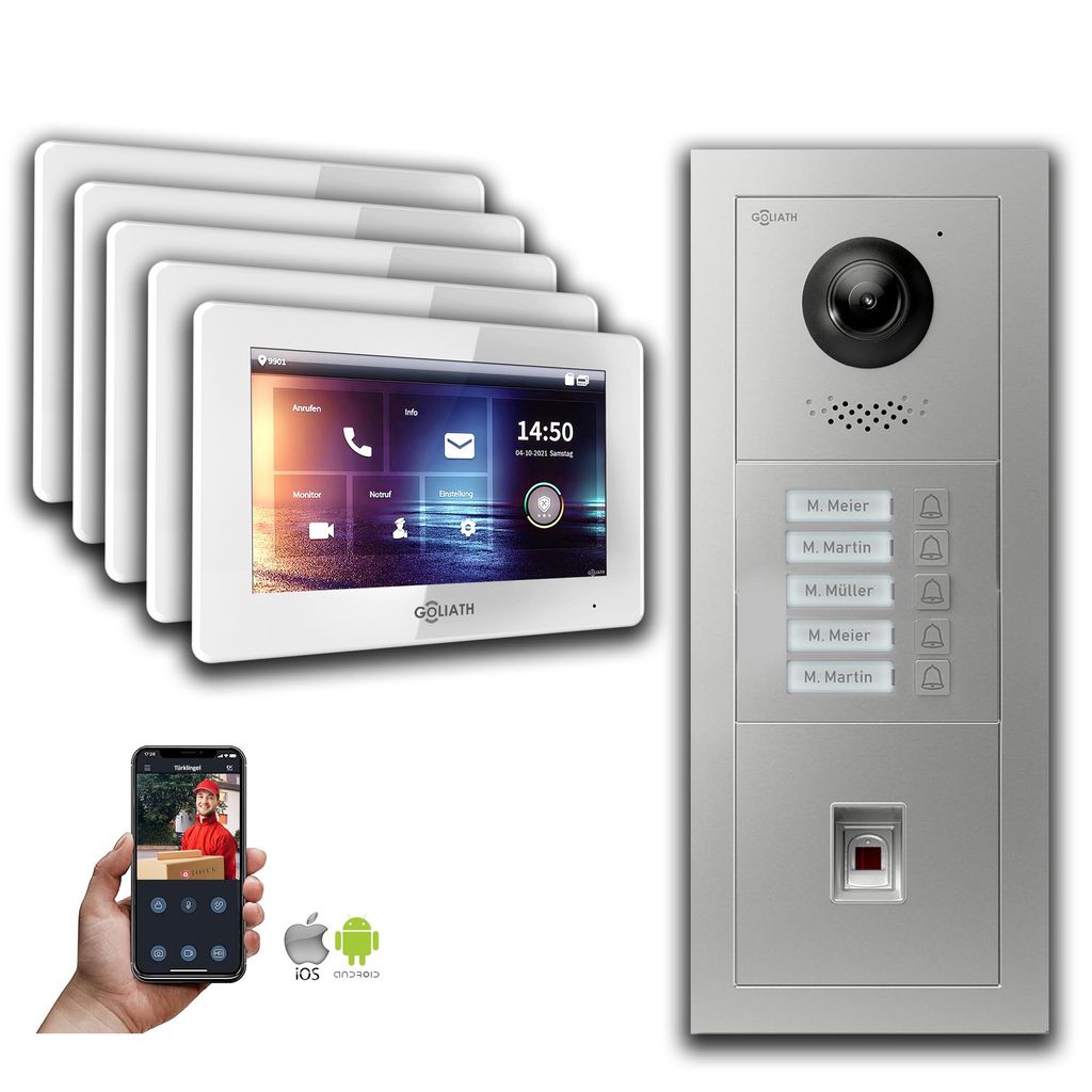 Goliath IP Video Türsprechanlage: 7-Zoll 5 Familienhaus, Fingerprint, Silber : Aufputzdose : 7 Zoll in Weiß Monitor Auswahl: 7 Zoll in Weiß Tür...