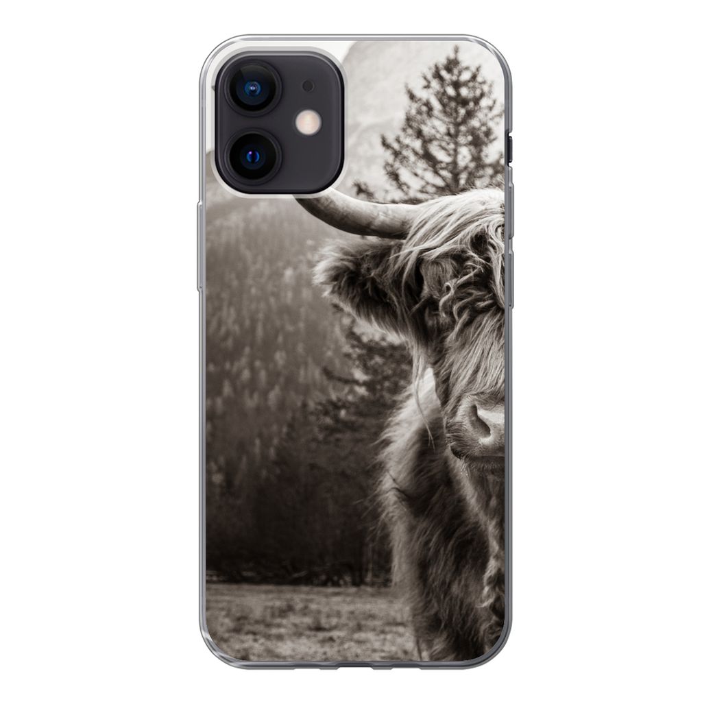MuchoWow Handyhülle Schutzhülle Hülle für iPhone 12 Scottish Highlander - Stier - Schwarz - Weiß Silikon Softcase Handy Hülle - Schutzhülle