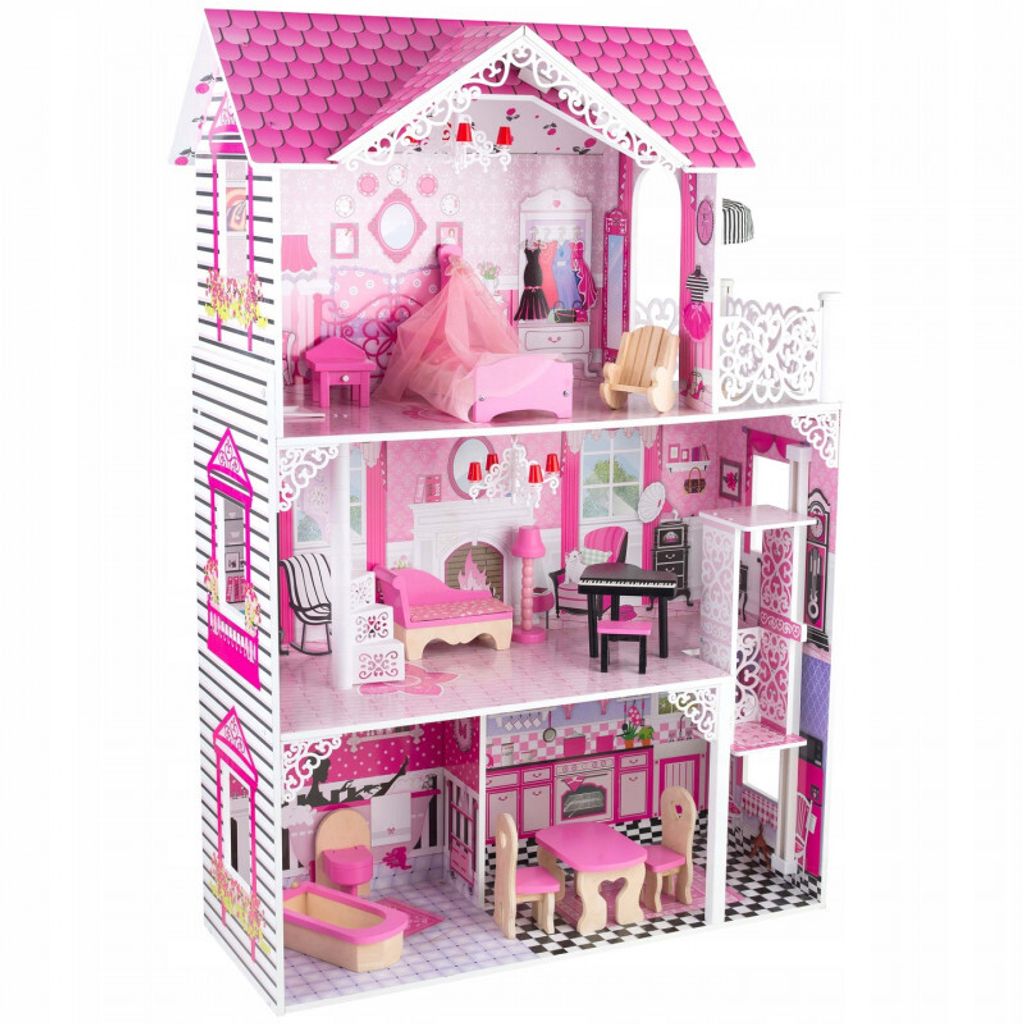 4iQ Holzpuppenhaus LOLA 80x35x119,5 cm mit Aufzug und Zubehör